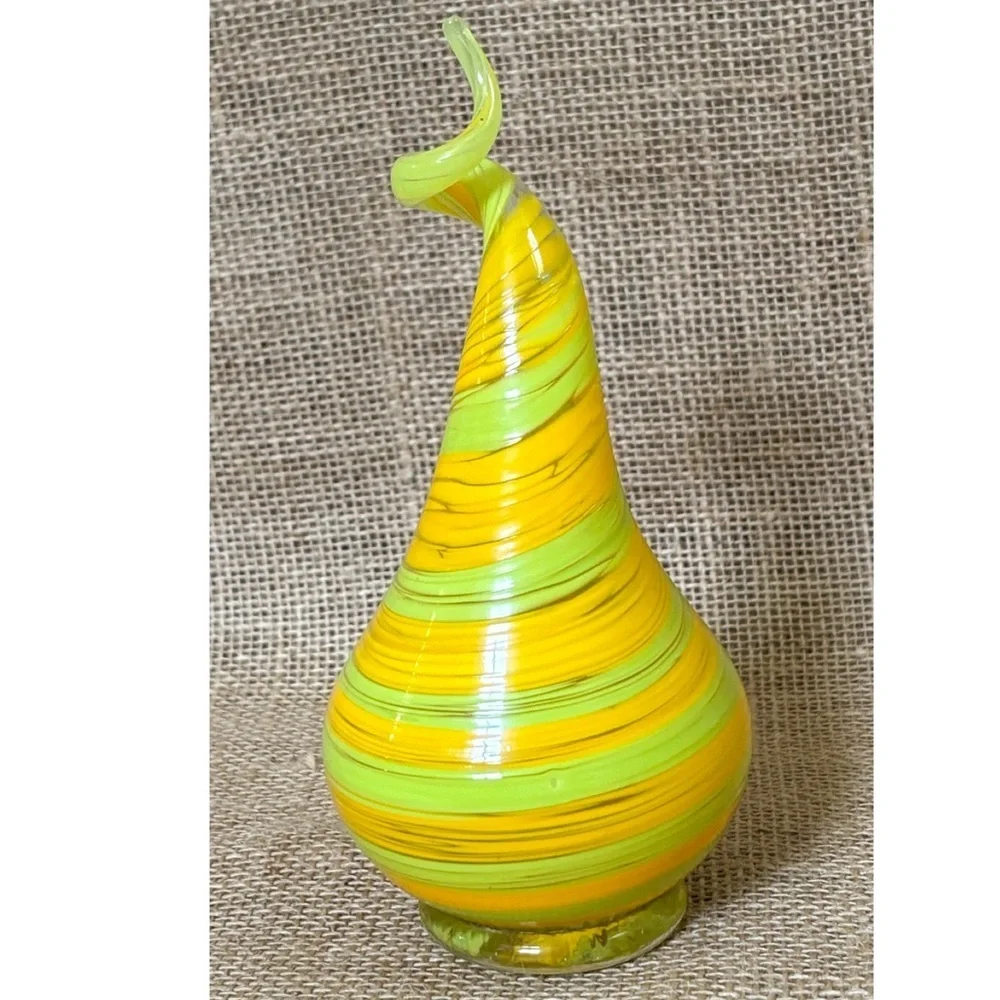 Yellow Green Striped Art Glass Decor Figure Paperweight Pear Shaped Whimsical